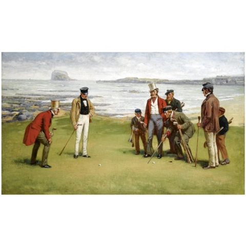 John Charles Dollman's Lord Rosebery, Admiral Fleming, the Duke of Buccleuch and Lord Charles hope with their respective caddies at North Berwick